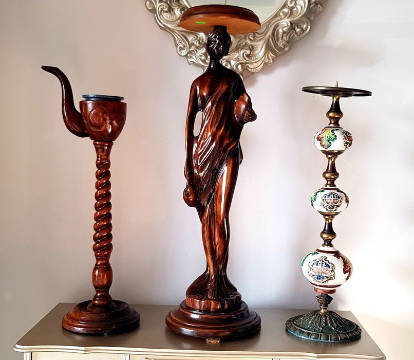 Piedestal/sfeșnic vechi din lemn, ceramică și bronz