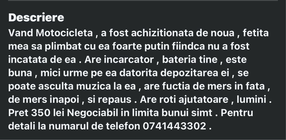 Vand Motocicleta electrica 2-4 ani