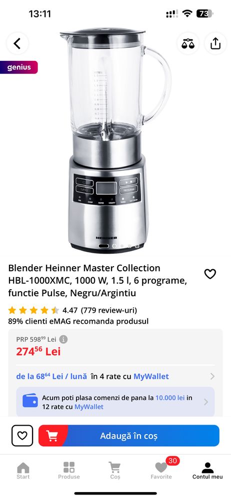 Blender Heinner 1000 W 1.5 l, 6 programe argintiu
