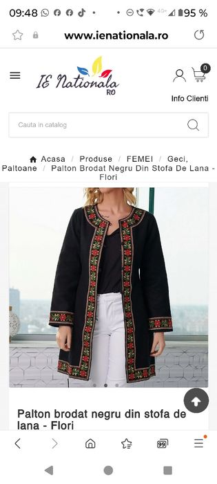 Palton brodat negru din stofă de lânâ cu flori