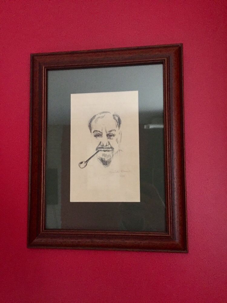 Tablou/ desen Panteli Stanciu, portret cu pipa inramat.