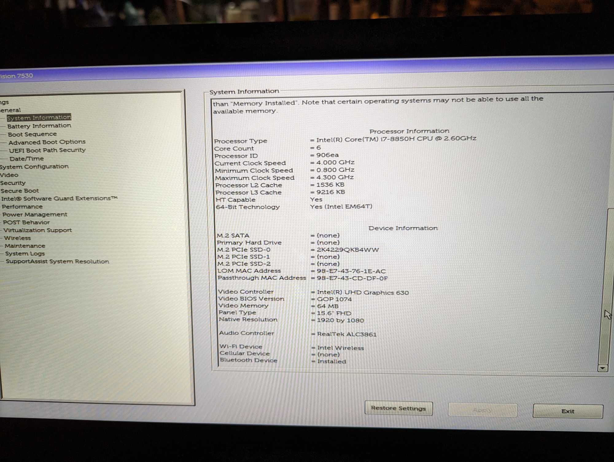 Dell Precision 7530, Intel i7-8850H, RAM: 48 GB, 500GB SSD