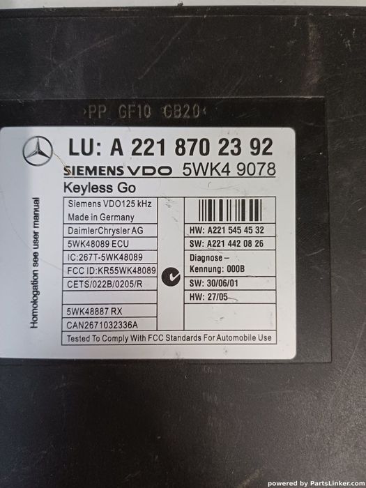 Modul inchidere centralizata Keyless Go MERCEDES-BENZ S-CLASS II (W221, C215) [ 2005 - 2013 ] SIEMENS VDO 5WK49078 OEM A2218702392