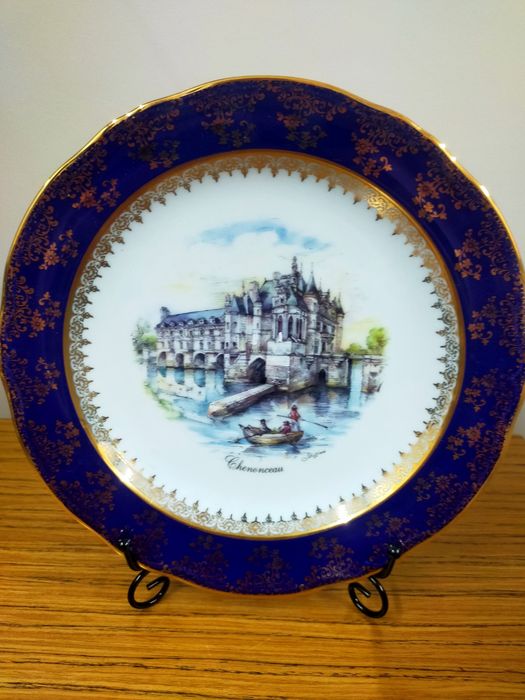Фарфор коллекционная тарелка кобальт, золото 22 К, Limoges Франция