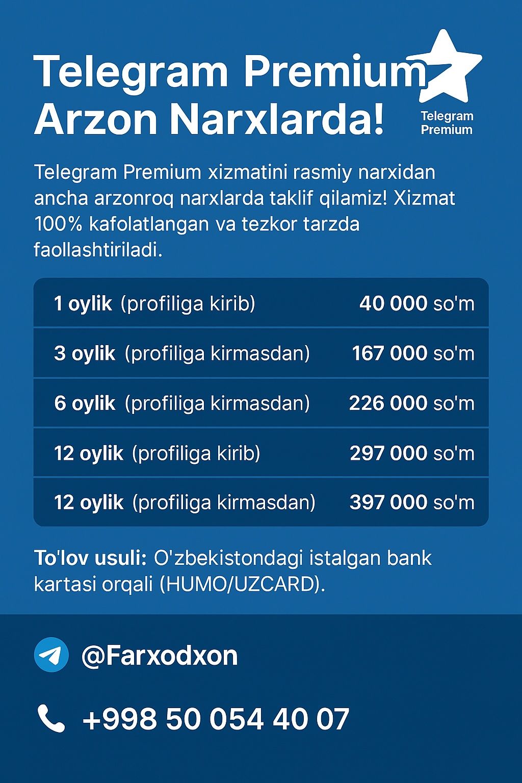 Telegram Premium Arzon Narxlarda!