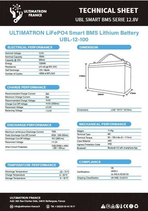 2 acumulatori noi LiFePO4 12.8 V 100Ah 1280Wh Ultimatron, Bluetooth
