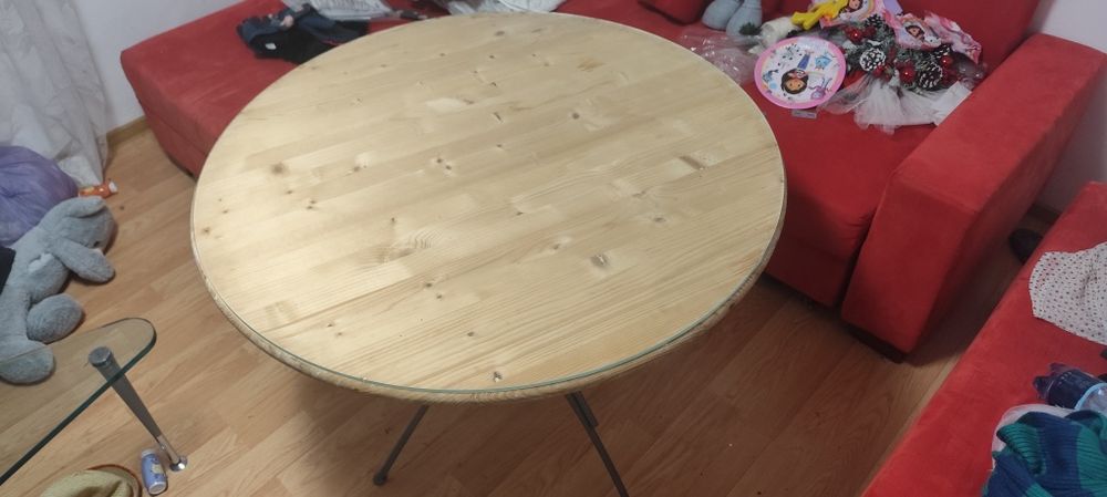 Masa rotunda 100cm din lemn masiv cu geam de sticla