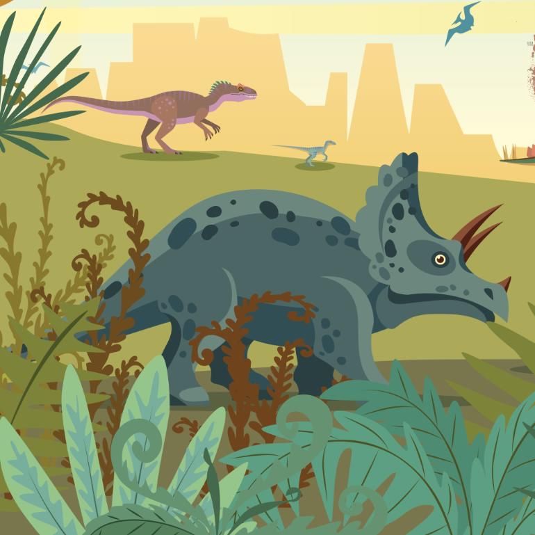Фотообои Детская карта мира с динозаврами 423х270 см
