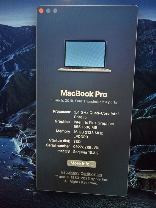 Macbook Pro 2019, 13 inch, 2,4 Ghz i5, 16GB RAM, 500GB