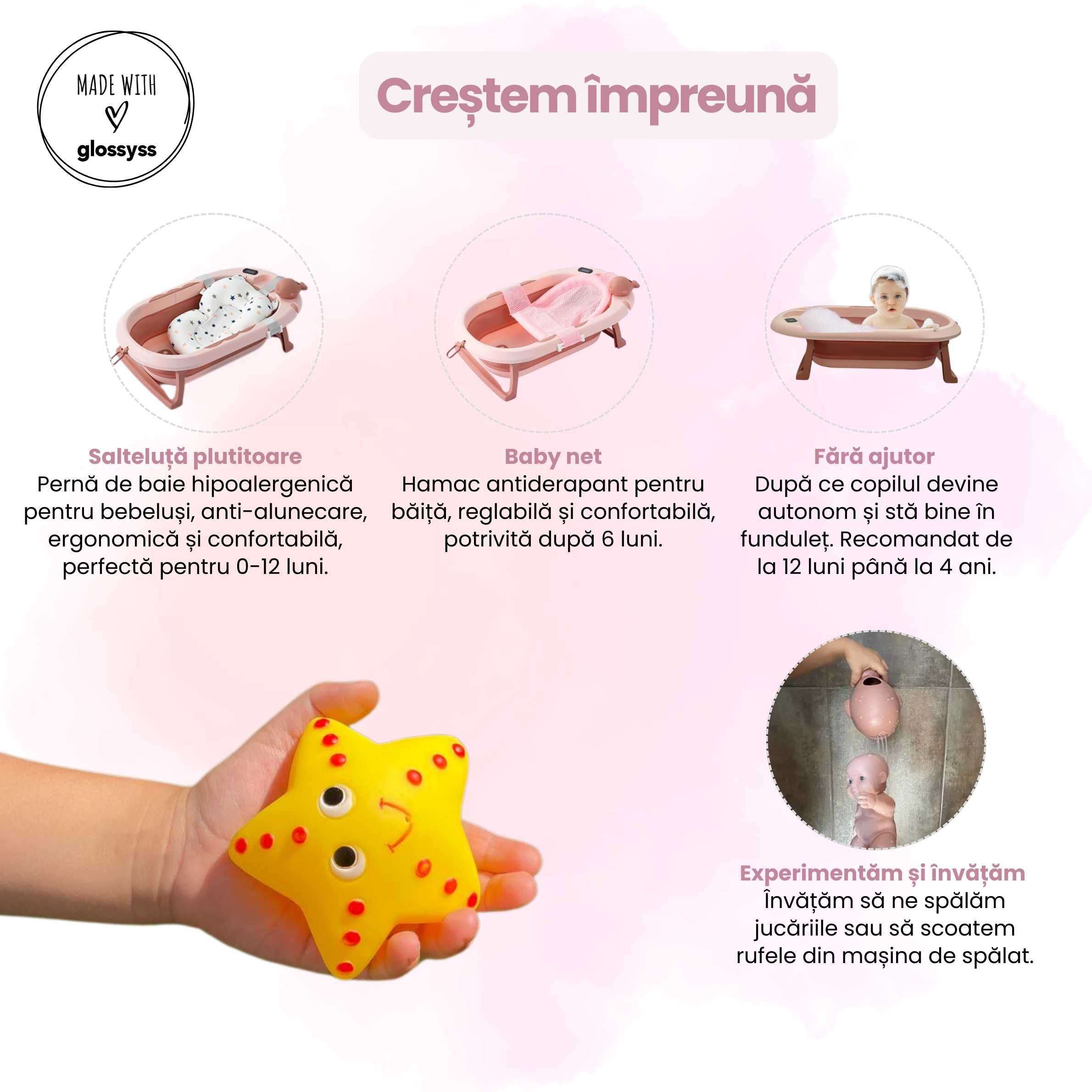 Cadita Pliabila si Evolutiva pentru baie bebe - 8 piese, Roz