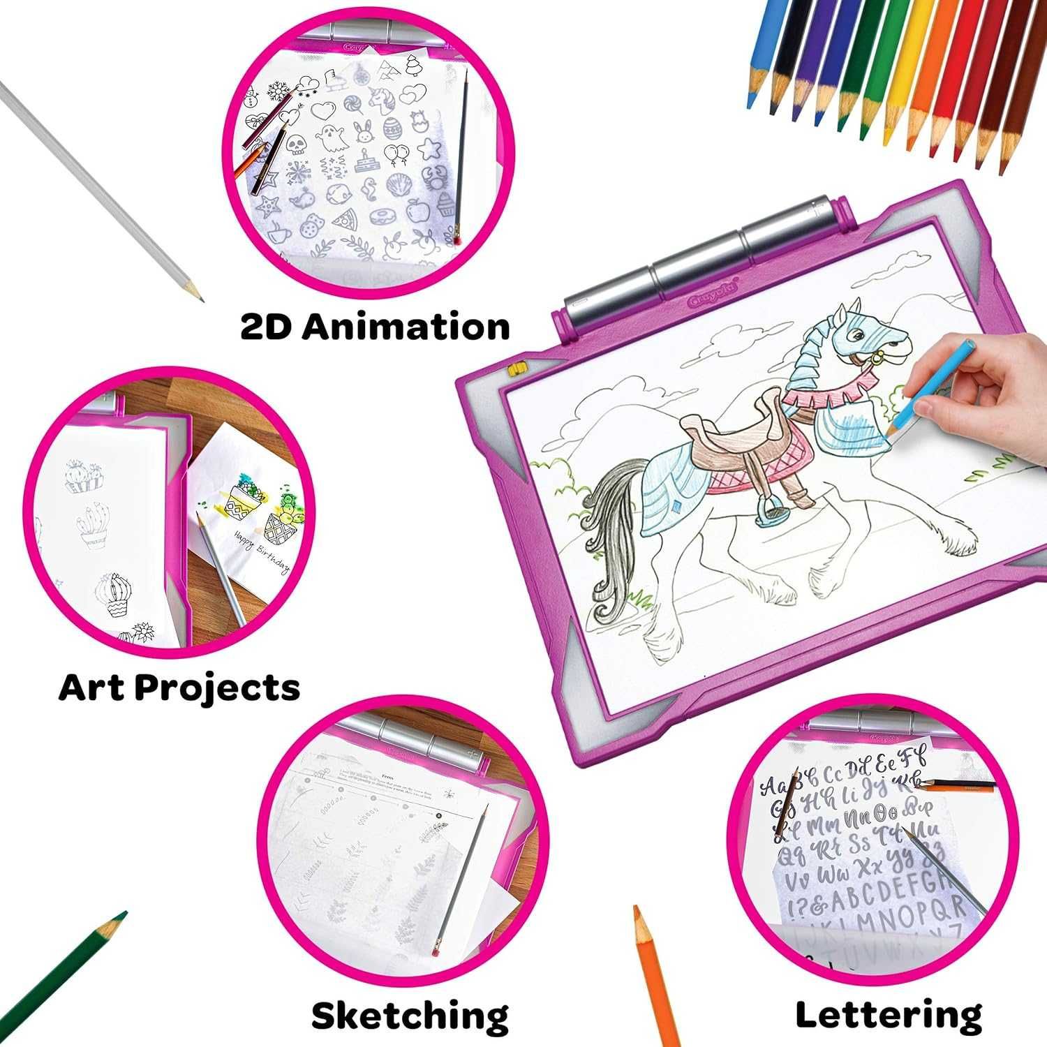 Crayola - Комплект светеща подложка за рисуване с моливи и листове