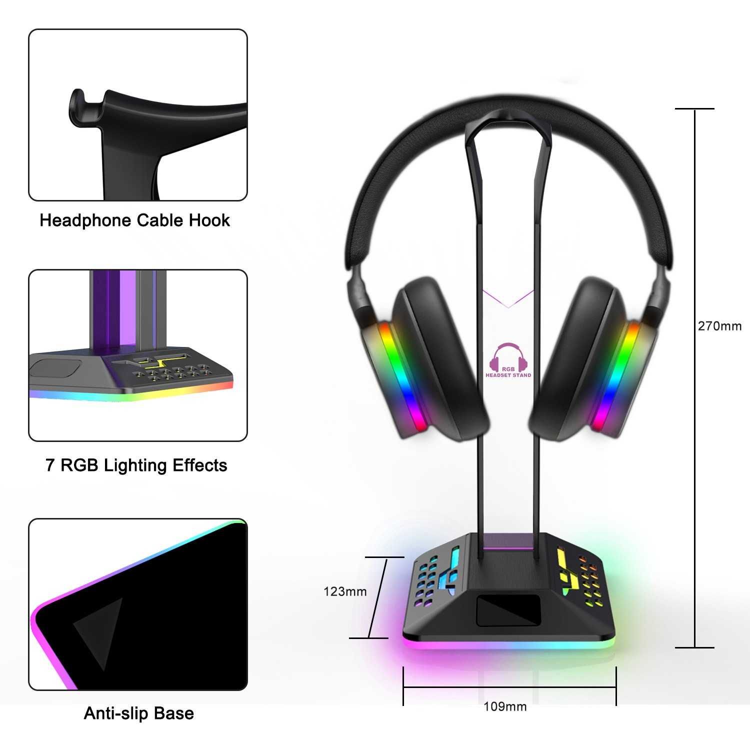 Suport casti gaming, Iluminare RGB, Design Premium, Negru
