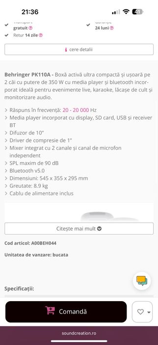 Boxă behringer PK 110 A