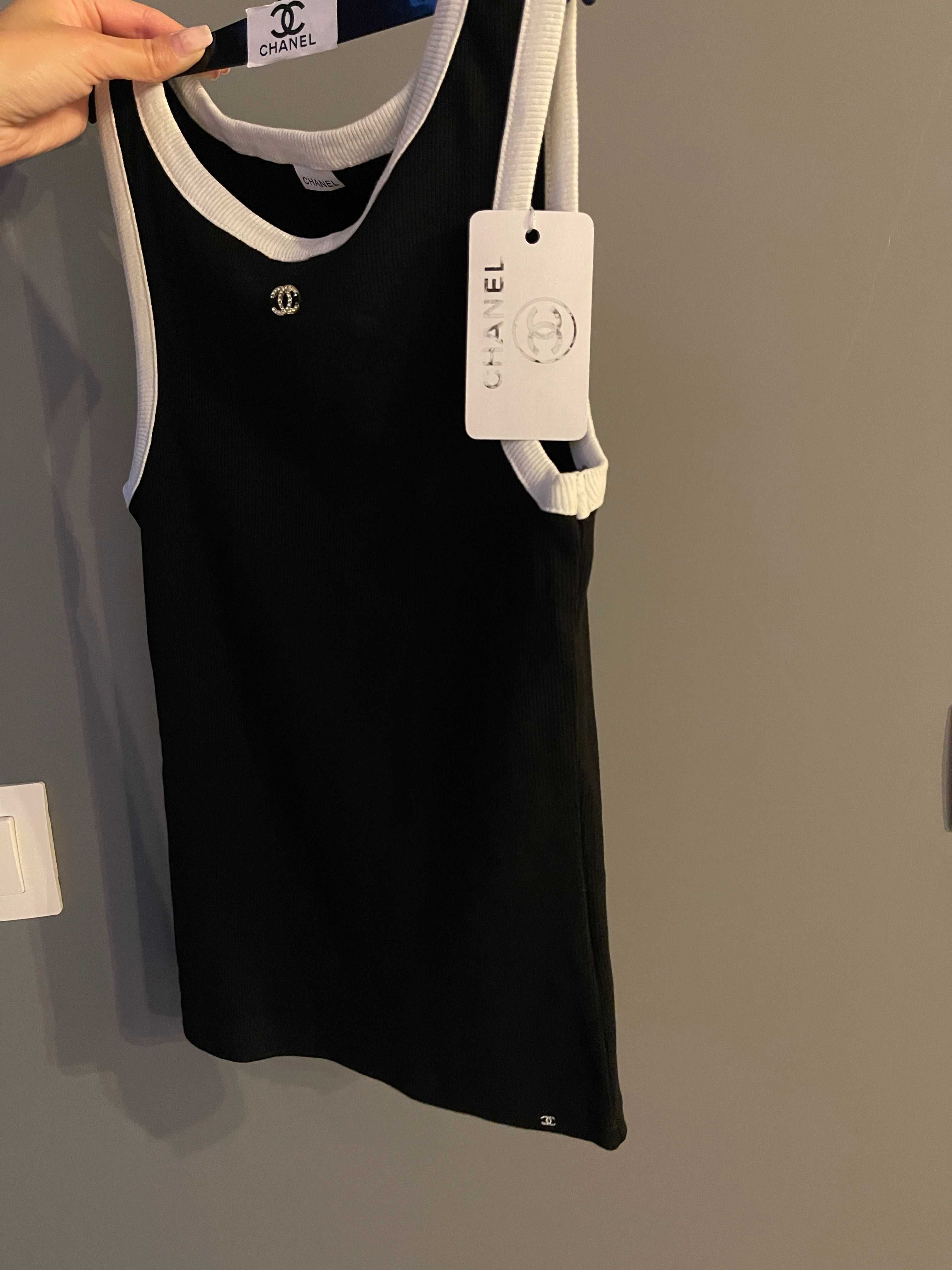 Chanel топ черен с бяло потник потниче Шанел черно рипсен рипс лукс