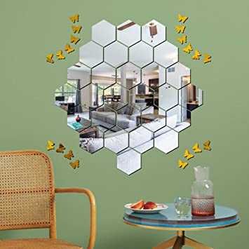 Set 10 Oglinzi din PVC Design Hexagon Silver M Size - Autoadezive!