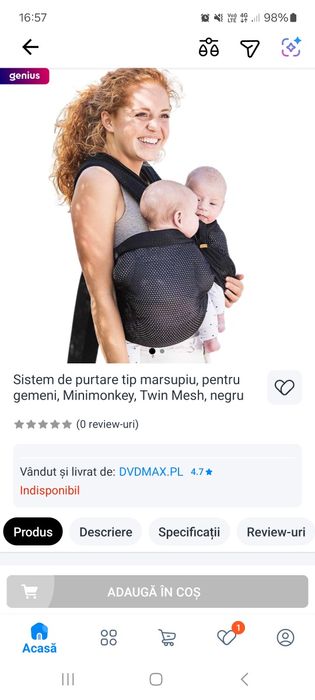 Marsupiu gemeni minimonkey 3-12 kg x 2 copii