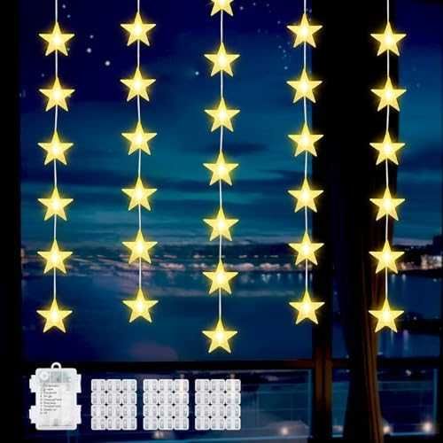 Нови 6 броя Коледни LED светлини звезди 8 режима таймер топла светлина