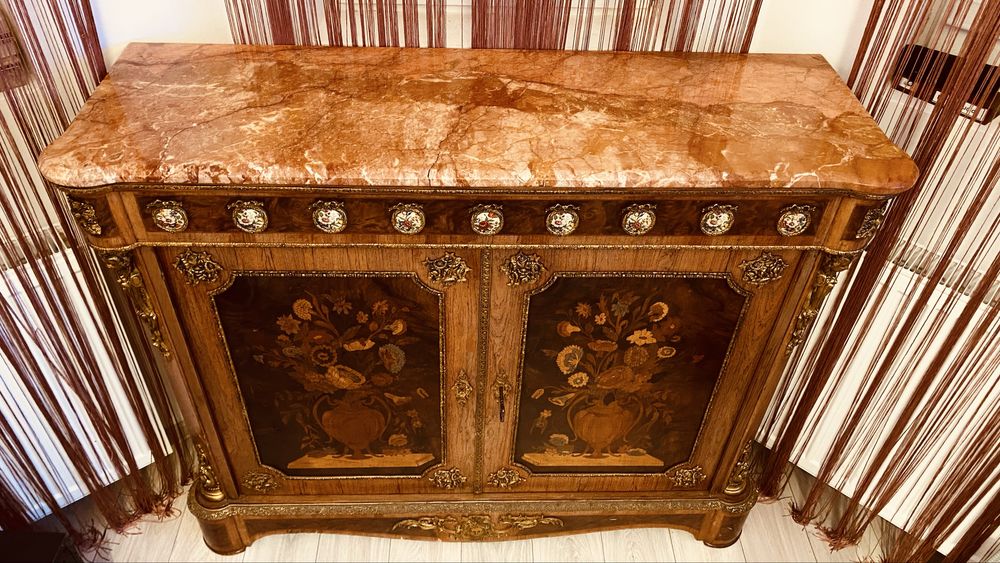Comoda Napoleon al III-lea Blat Marmura Bronz Portelan Lemn Intarsii