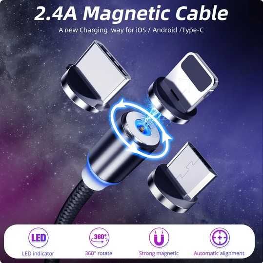 Cablu Incarcare Magnetic Iluminat cu 3 Mufe