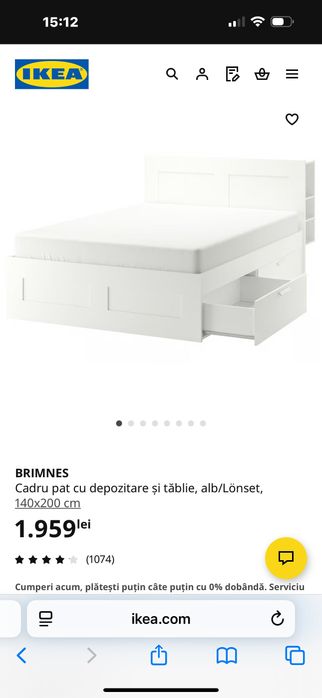 Pat Brimnes Ikea cu somiera Lonset inclusa, stare f buna, 4 sertare