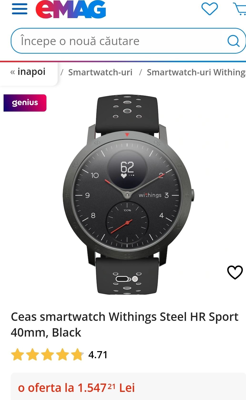 Ceas smartwatch Withings Steel HR Sport 40mm, Black