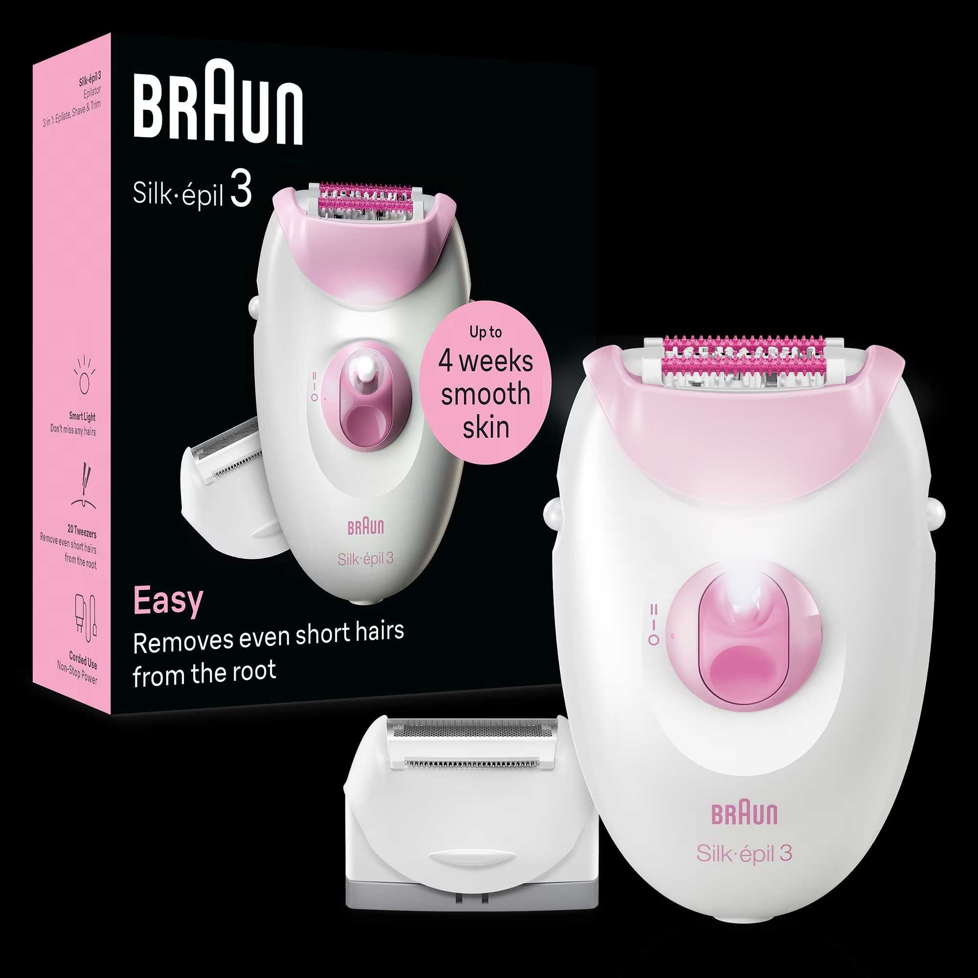 Epilator Braun Silk-épil 3 3-031, Cap de ras + Pieptene, 2 viteze, Roz