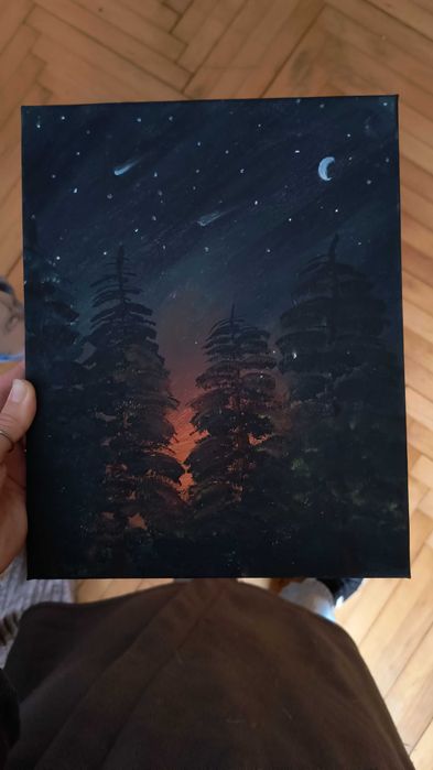 Tablou autentic-pictură acrilice-pădure-lumina dintre brazi