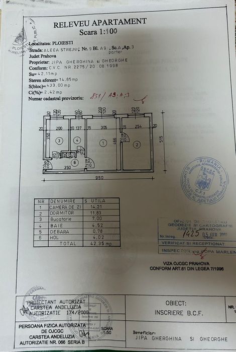 Apartament 2 camere suprafata utilizabila  42,35mp  doar termopan