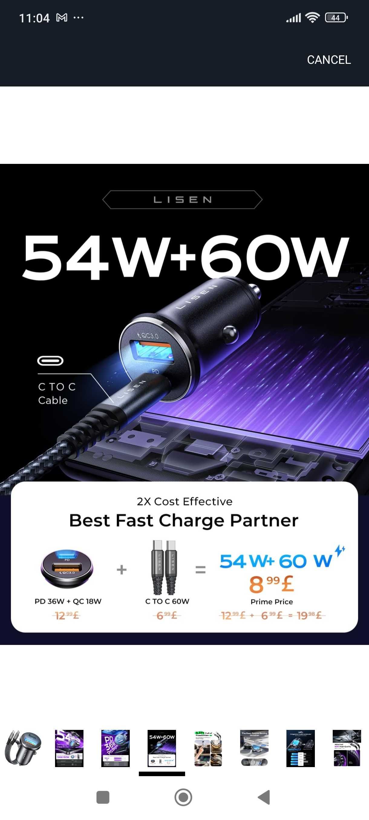 Бързо Зарядно за Кола 60W USBc PD30W+ USBa QC30W + Кабел  100W