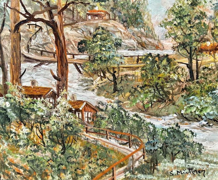 Tablou vechi - peisaj montan cu rau - semnat S. Mutzner