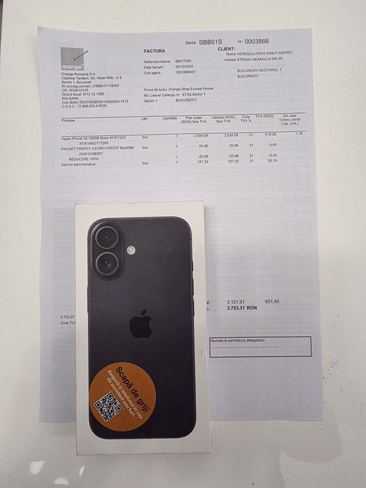 Iphone 16 5G Black 128Gb NOU Sigilat Factură 2 ANI GARANȚIE