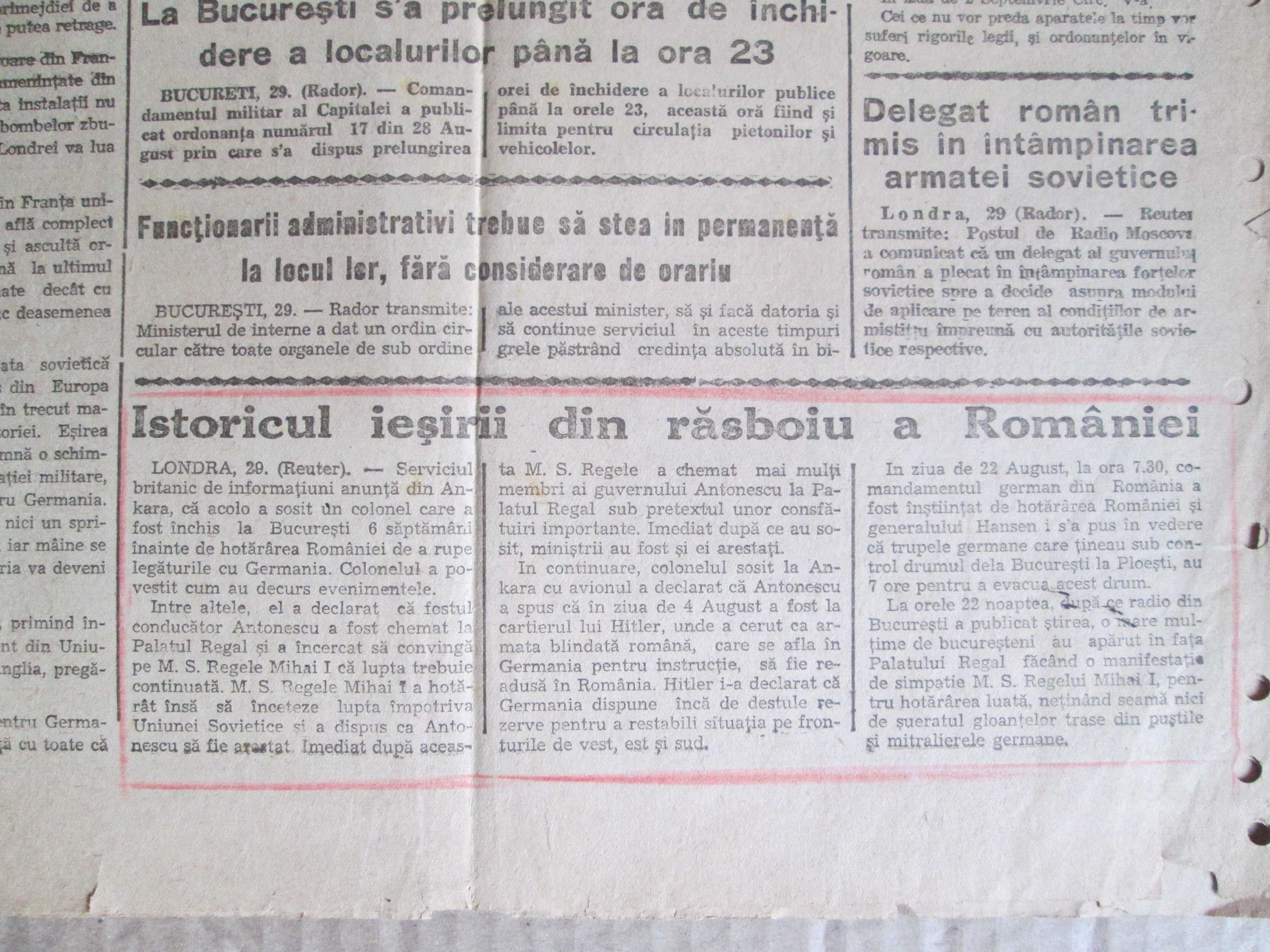 Ziar vechi din Romania. Razboi, WW2, despre 23 August 1944