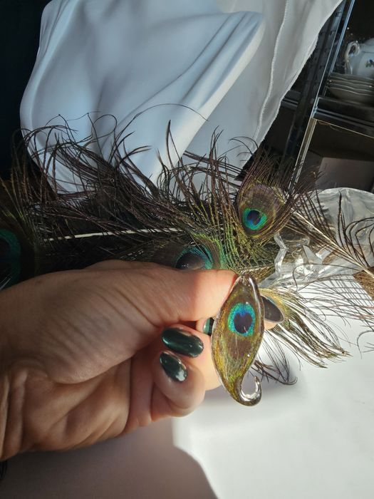 Ръчно изработени, регулируеми гривна и пръстен и обеци с паунови пера,