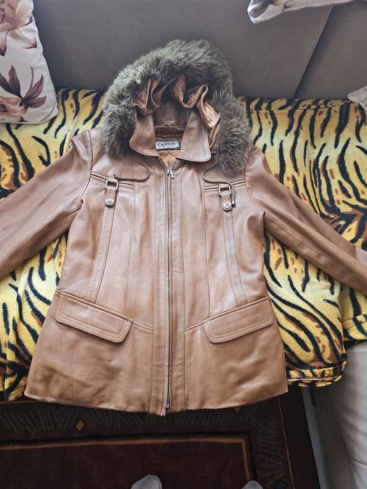 Дамско яке естествена кожа с качулка