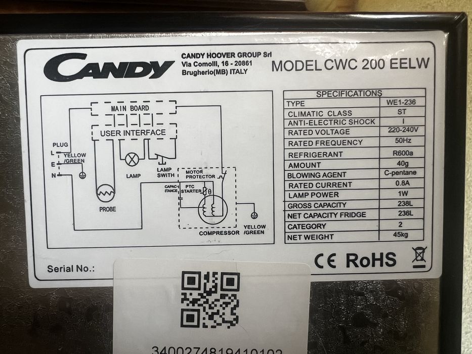 Racitor de vinuri Candy CWC 200 EELW, 146 cm