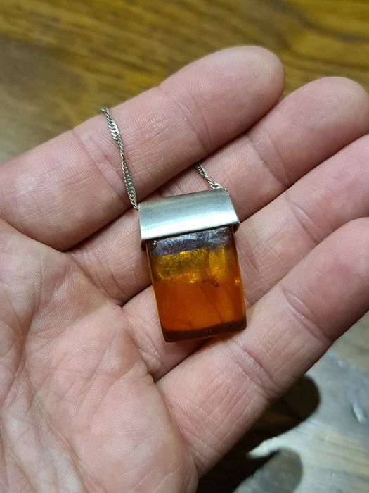 Lant argint vintage 925 Italy, pandantiv chihlimbar natural superb