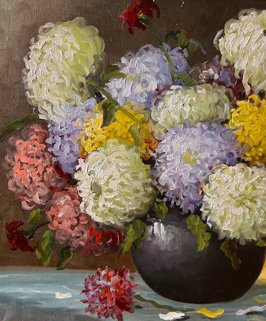 CONSTION-”Crizanteme” Tablou AUTENTIC, Vechi, ul/pză/cart, 70x50cm+ram