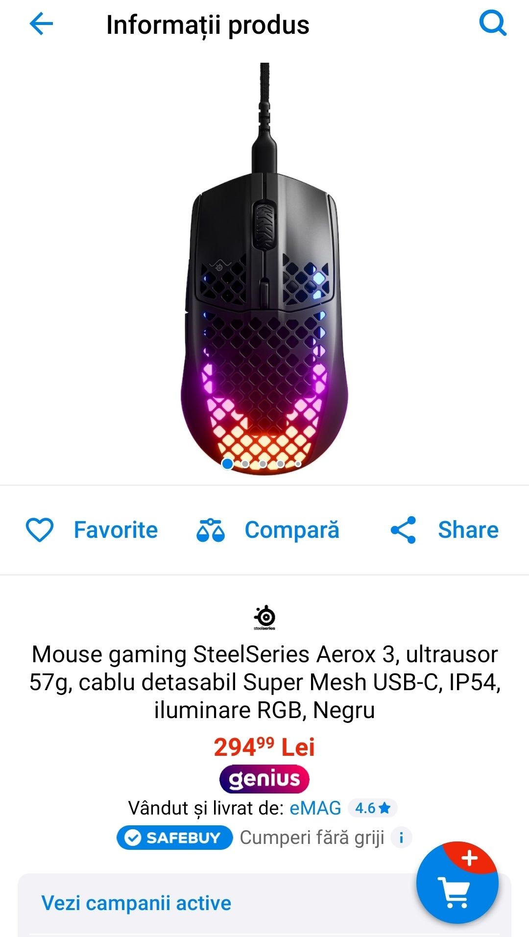 Mouse gaming SteelSeries Aerox 3, ultrausor 57g, cablu detasabil Super