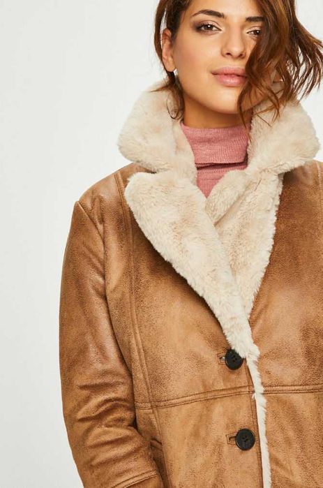 Cojoc palton din piele si blana naturala L Noa Noa premium maro camel