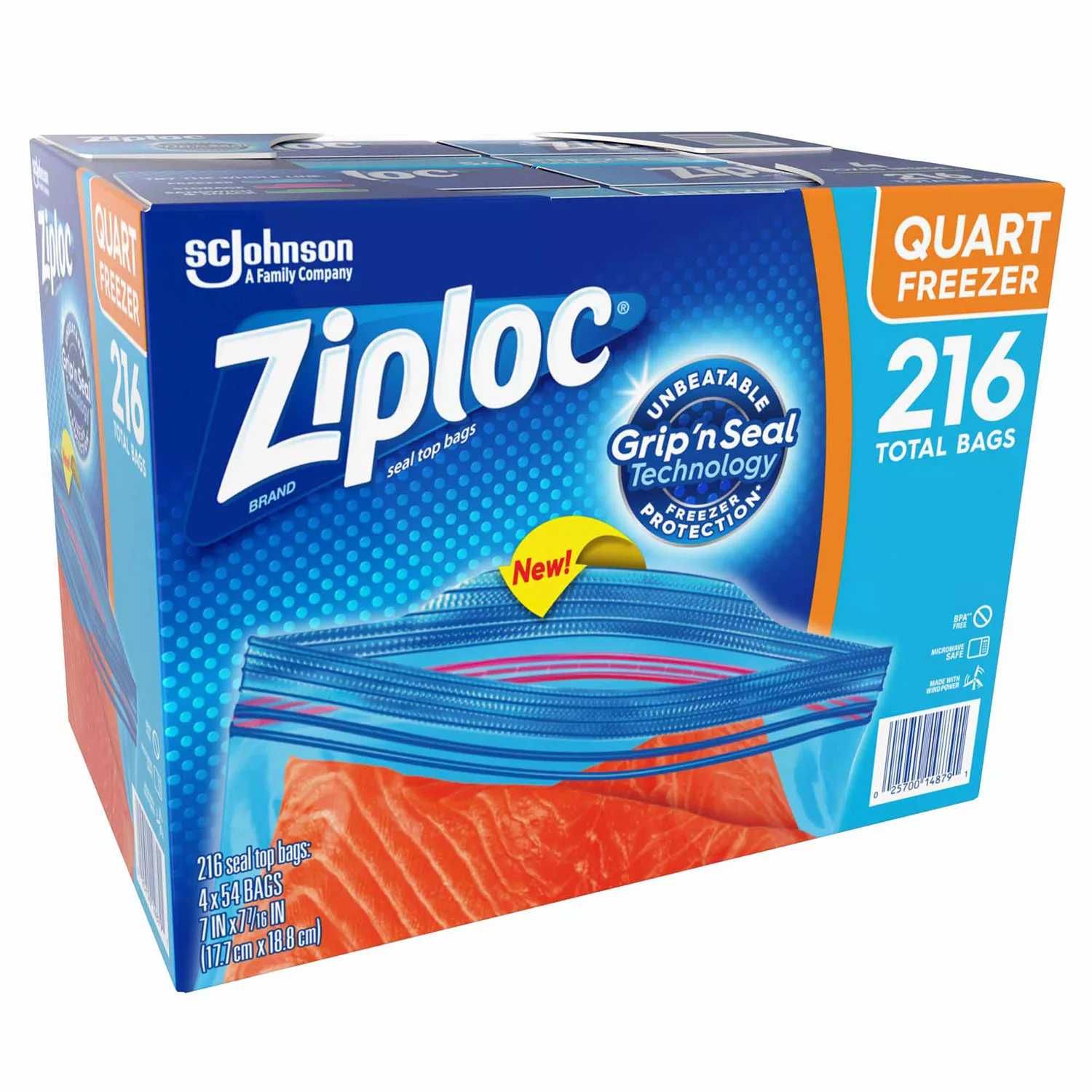 Пакеты Ziploc Easy Open Tabs для морозильной камеры, кварты (216 шт)