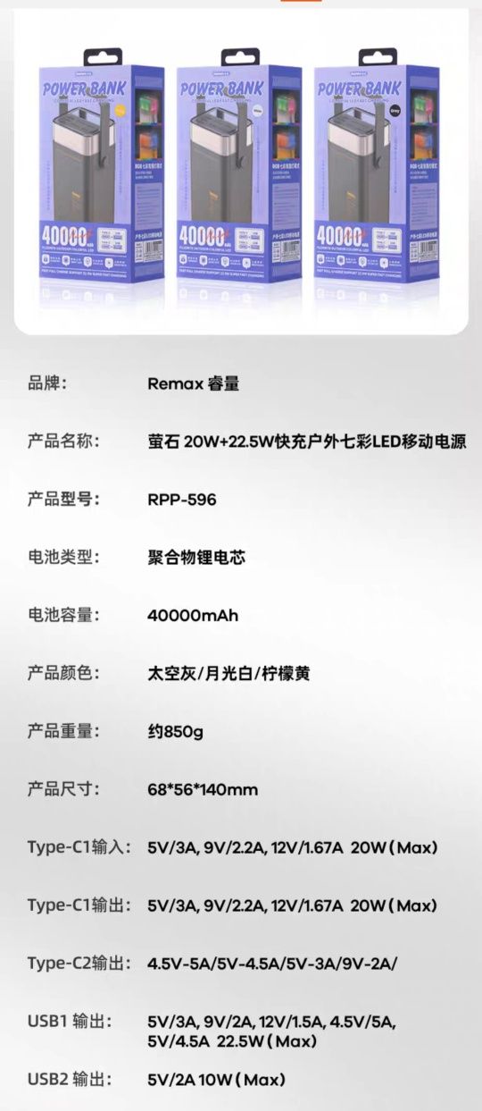 Remax RPP-596 Power Bank 40000mAh Fast Charging PD 20W + 22.5W QC3.0