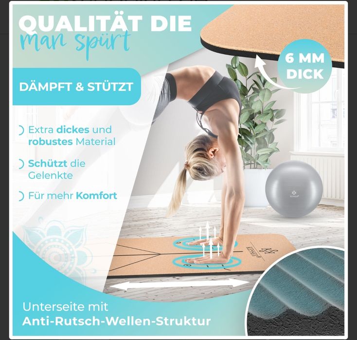 Коркова постелка за йога 183 х 62 см с блок и каишка , не плъзгаща