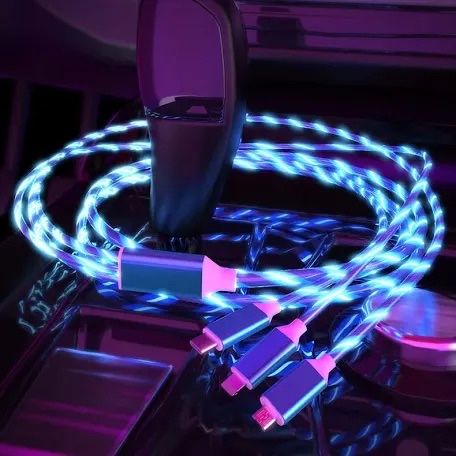 Cablu incarcare cu 3 capete LED Iphone, USB C si micro USB