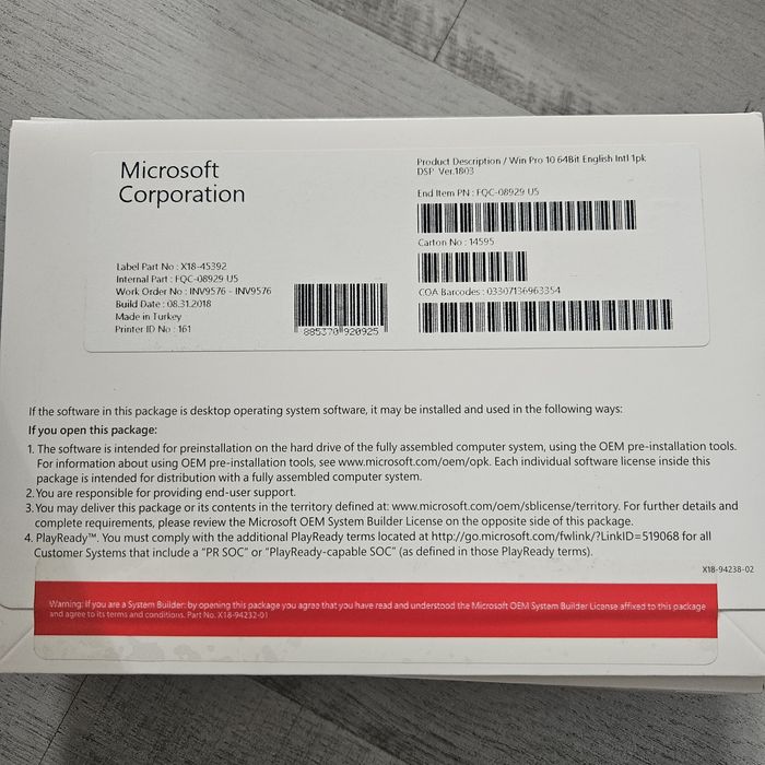 Windows pro 10 64bit English International DSP ver 1803