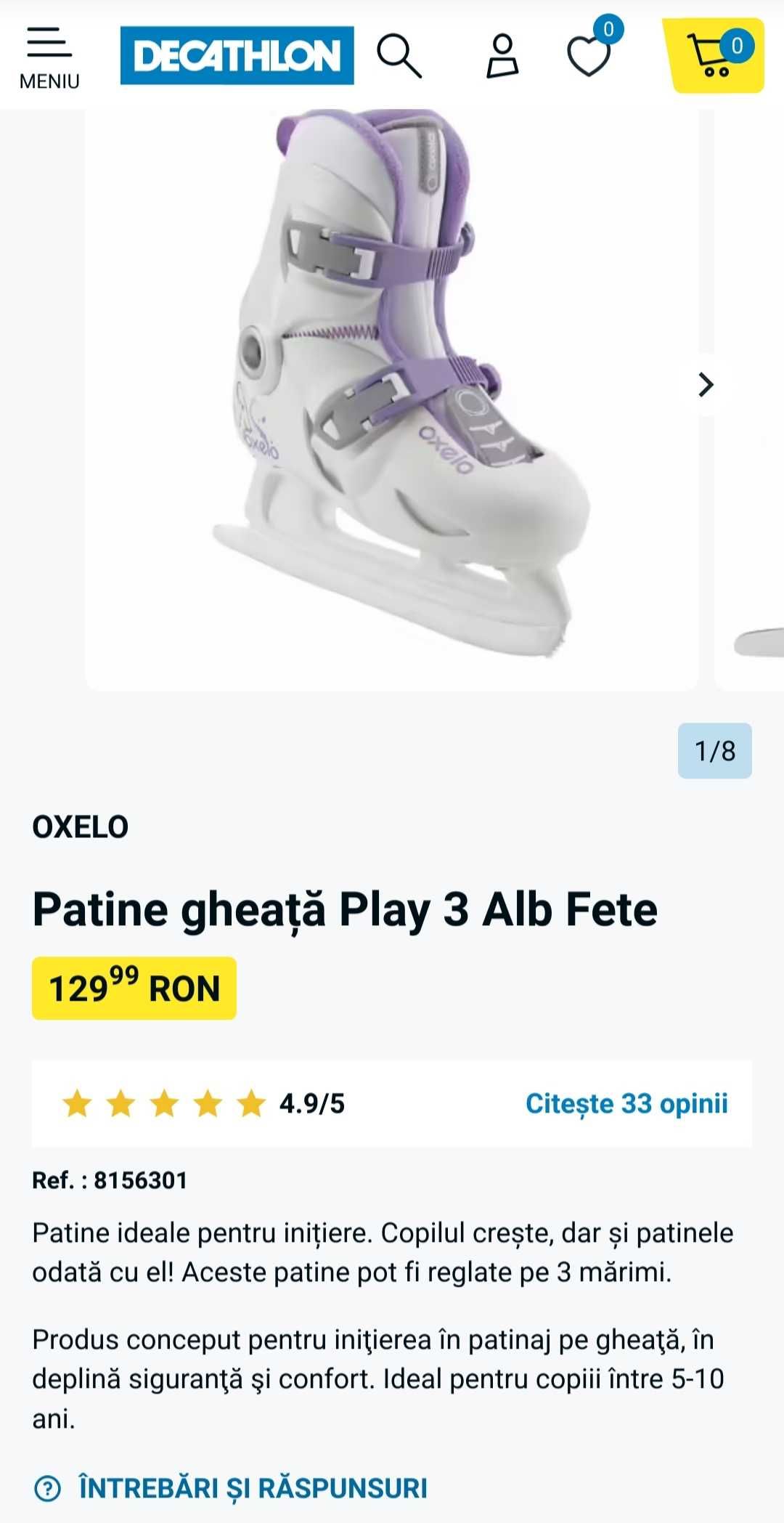 Patine de gheață Oxelo Decathlon Albe fete fetita marime 26 27 28