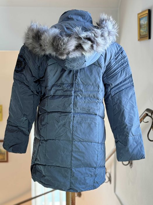 Parka dama gri cu glugă și guler din blană naturală de vulpe