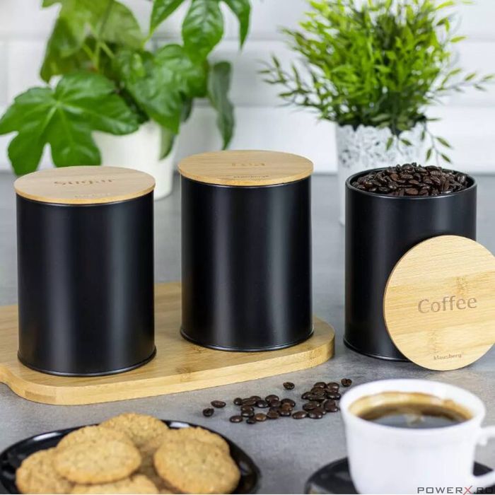 Recipiente pentru cafea, ceai, zahar, inox-bambus, negru, rotund, 3