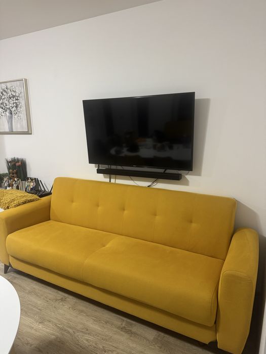 Canapea extensibila 3 locuri, lada depozitare, culoare galben mustar,