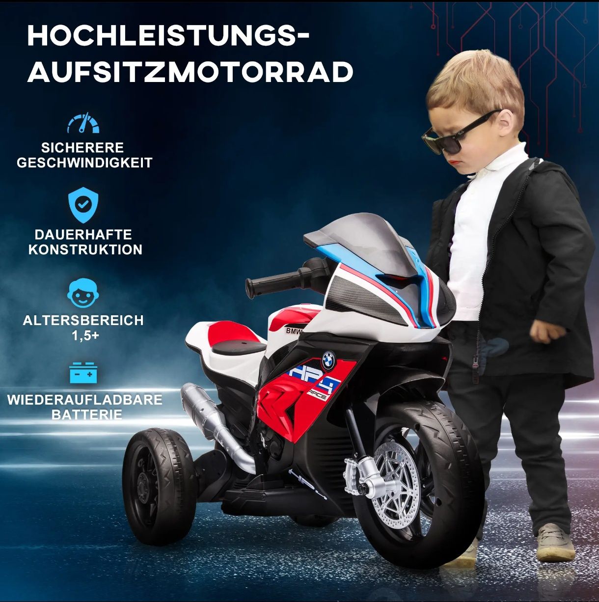 Детски електрически мотоциклет BMW HP4, 82.5x42x54 см,музика, до 30 кг