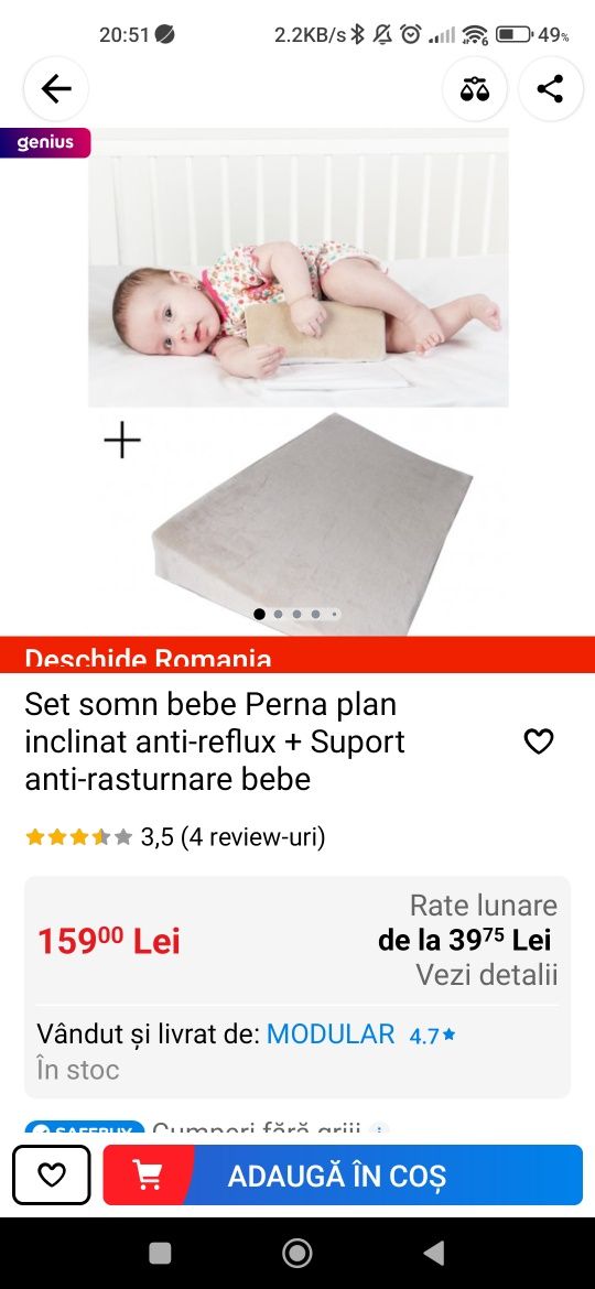 Perna plan inclinat anti-reflux+ suport anti-rasturnare bebe